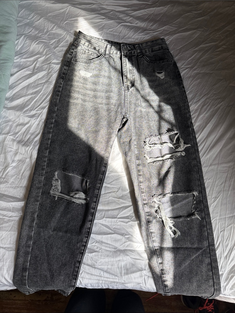 SHEIN Washed Gray Relaxed Distressed Ripped Jeans